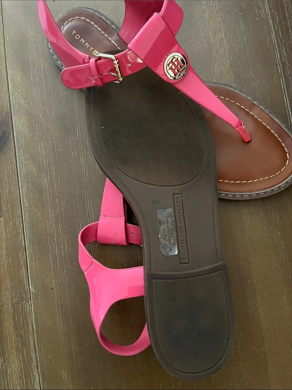 Tommy Hilfiger Pink Patent T-Strap Sandals with Logo Medallion